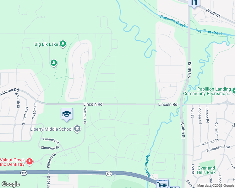 map of restaurants, bars, coffee shops, grocery stores, and more near 10509 South 102nd Street in Papillion