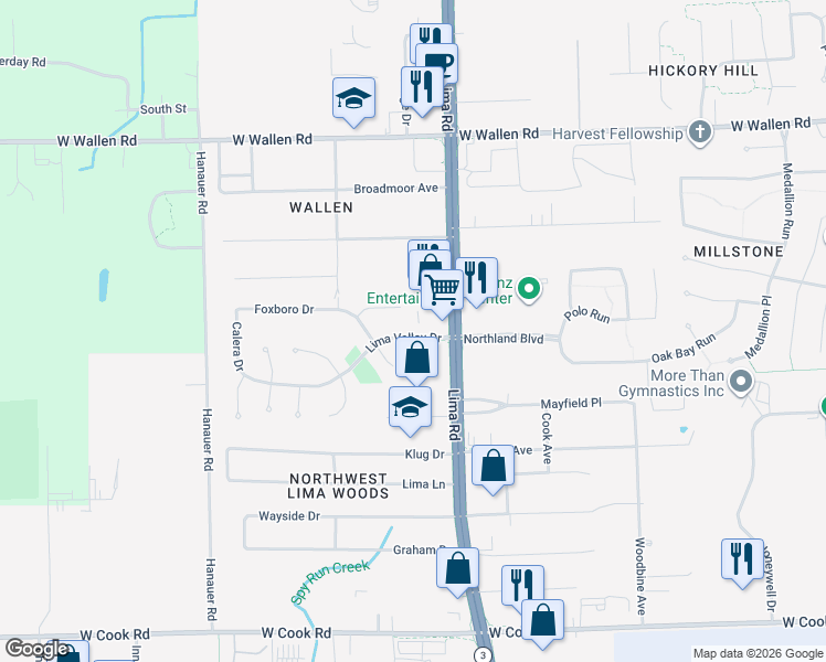 map of restaurants, bars, coffee shops, grocery stores, and more near 1808 Lima Valley Drive in Fort Wayne