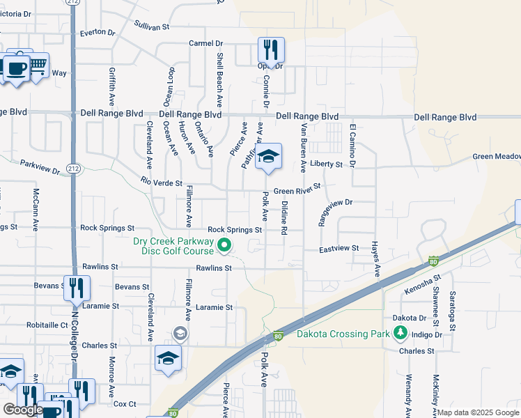 map of restaurants, bars, coffee shops, grocery stores, and more near 4100 Polk Avenue in Cheyenne