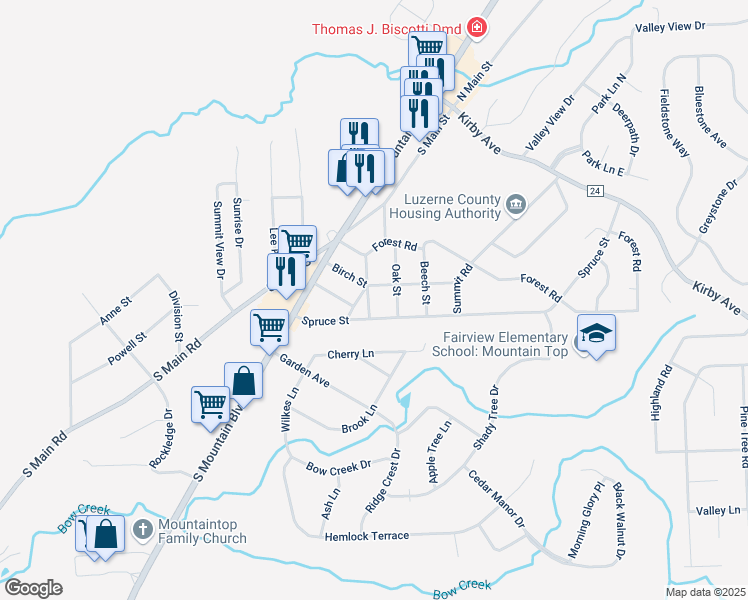 map of restaurants, bars, coffee shops, grocery stores, and more near 36 Elm Street in Mountain Top