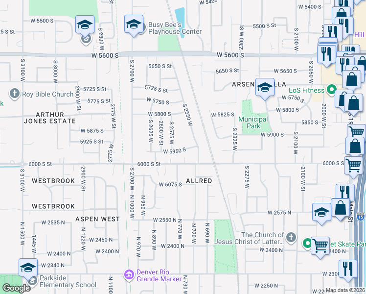 map of restaurants, bars, coffee shops, grocery stores, and more near 2564 West 5950 South in Roy