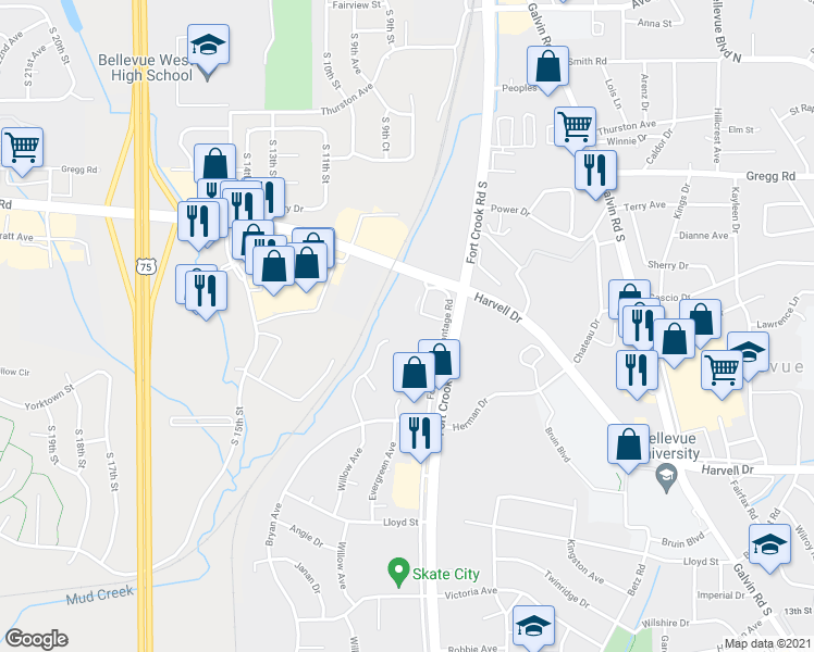 map of restaurants, bars, coffee shops, grocery stores, and more near 620 Fort Crook Road South in Bellevue