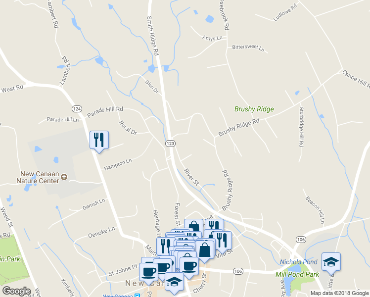 map of restaurants, bars, coffee shops, grocery stores, and more near 139 River Street in New Canaan