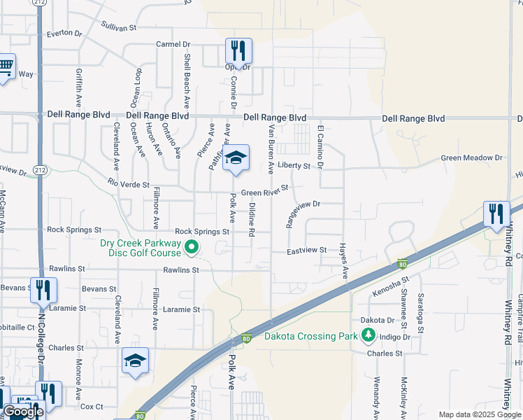 map of restaurants, bars, coffee shops, grocery stores, and more near 4101 Dildine Rd in Cheyenne