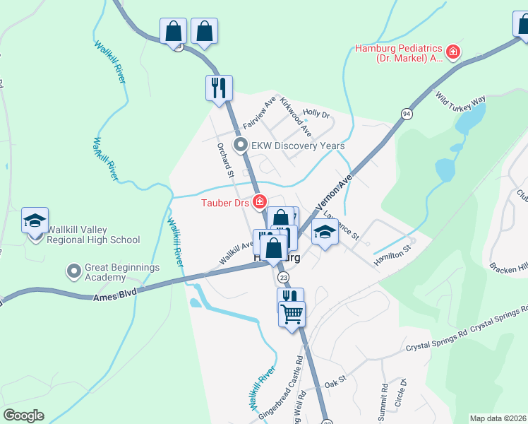 map of restaurants, bars, coffee shops, grocery stores, and more near 26 New Jersey 23 in Hamburg