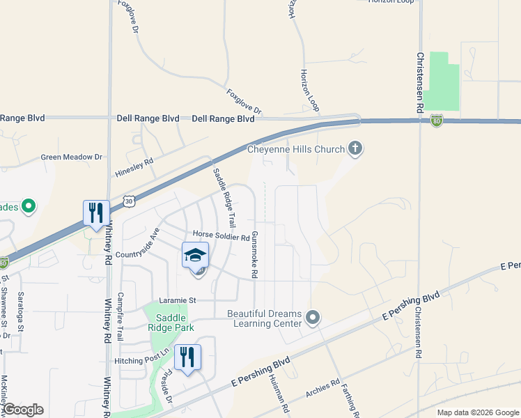 map of restaurants, bars, coffee shops, grocery stores, and more near 4021 Gunsmoke Road in Cheyenne