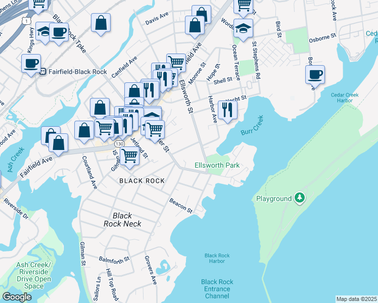map of restaurants, bars, coffee shops, grocery stores, and more near 57 Bartram Avenue in Bridgeport
