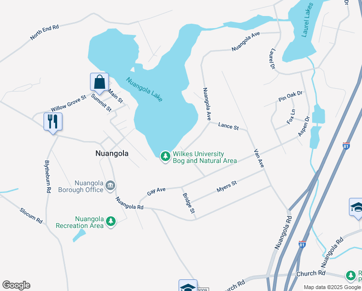 map of restaurants, bars, coffee shops, grocery stores, and more near 11 Nuangola Avenue in Mountain Top