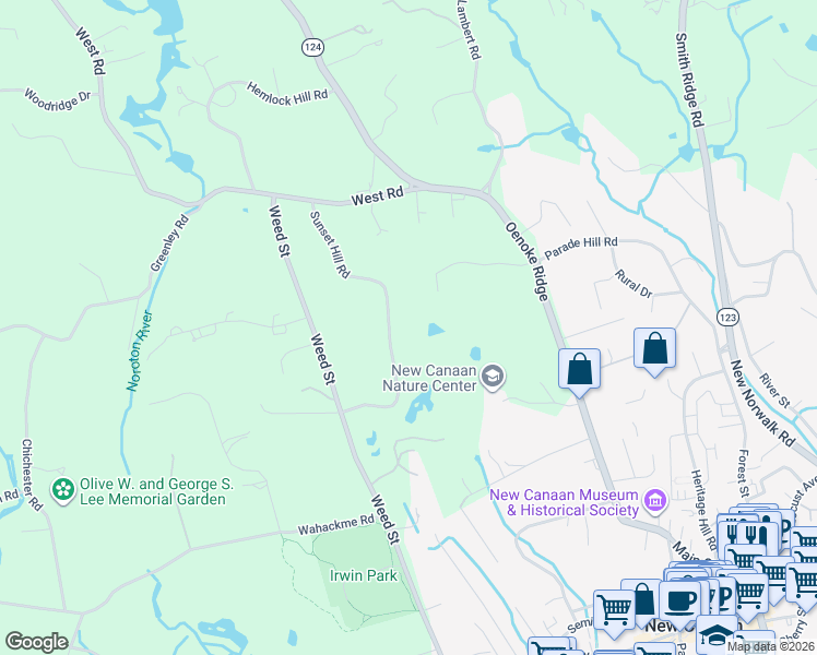 map of restaurants, bars, coffee shops, grocery stores, and more near 111 Sunset Hill Road in New Canaan