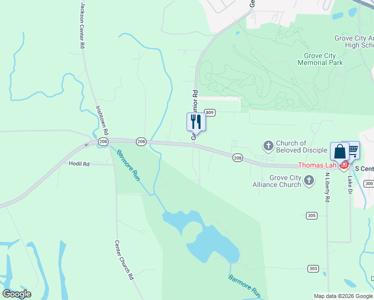 map of restaurants, bars, coffee shops, grocery stores, and more near 1383 South Center Street Extension in Grove City