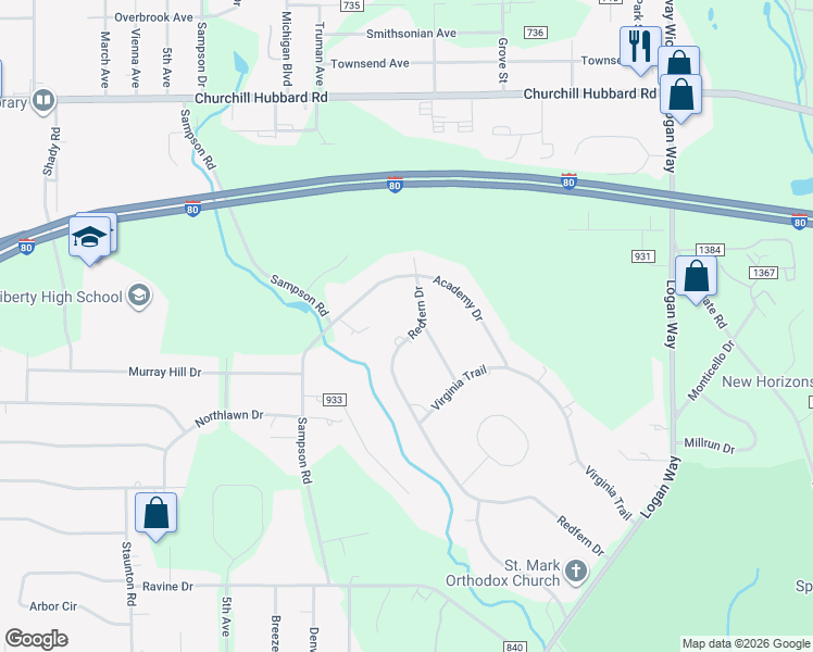 map of restaurants, bars, coffee shops, grocery stores, and more near 68 Township Highway 940 in Youngstown