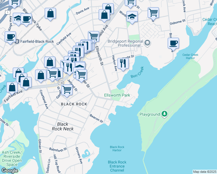 map of restaurants, bars, coffee shops, grocery stores, and more near 100 Ellsworth Street in Bridgeport