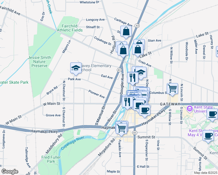 map of restaurants, bars, coffee shops, grocery stores, and more near 211 North Mantua Street in Kent
