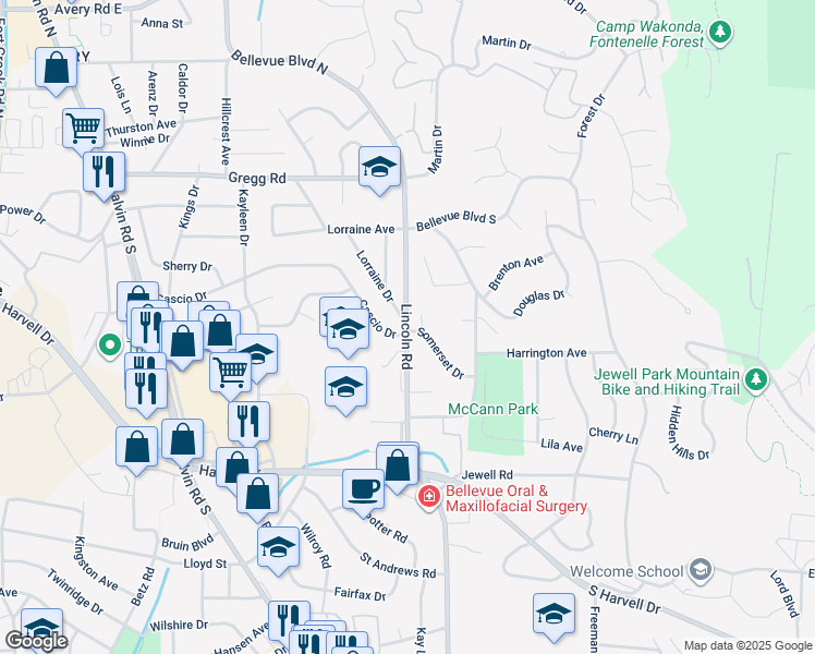 map of restaurants, bars, coffee shops, grocery stores, and more near 1107 Somerset Drive in Bellevue