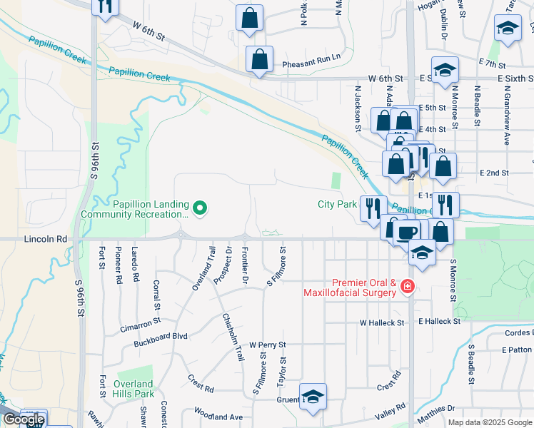 map of restaurants, bars, coffee shops, grocery stores, and more near 800 West Lincoln Street in Papillion