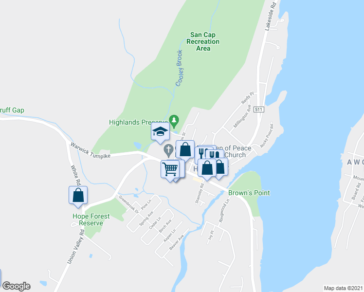 map of restaurants, bars, coffee shops, grocery stores, and more near 22 Elm Street in West Milford