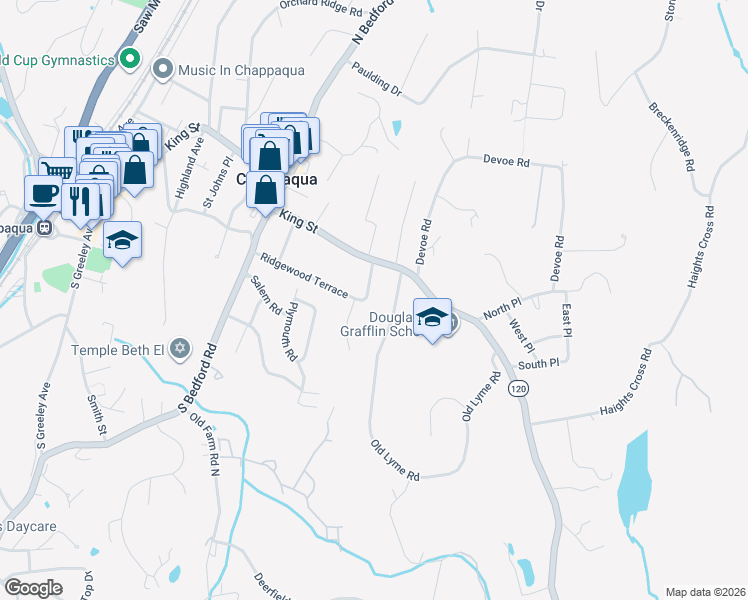 map of restaurants, bars, coffee shops, grocery stores, and more near 110 Ridgewood Terrace in Chappaqua