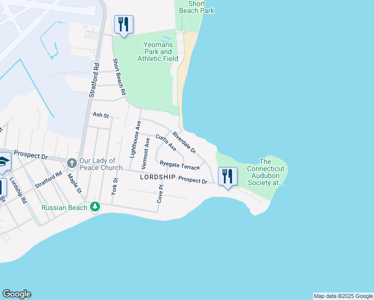map of restaurants, bars, coffee shops, grocery stores, and more near 509 Riverdale Drive in Stratford
