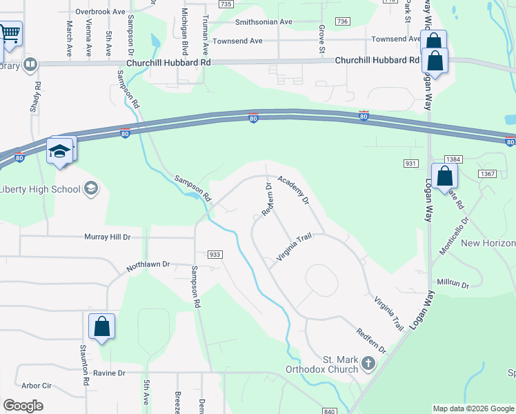 map of restaurants, bars, coffee shops, grocery stores, and more near 68 Township Highway 940 in Youngstown