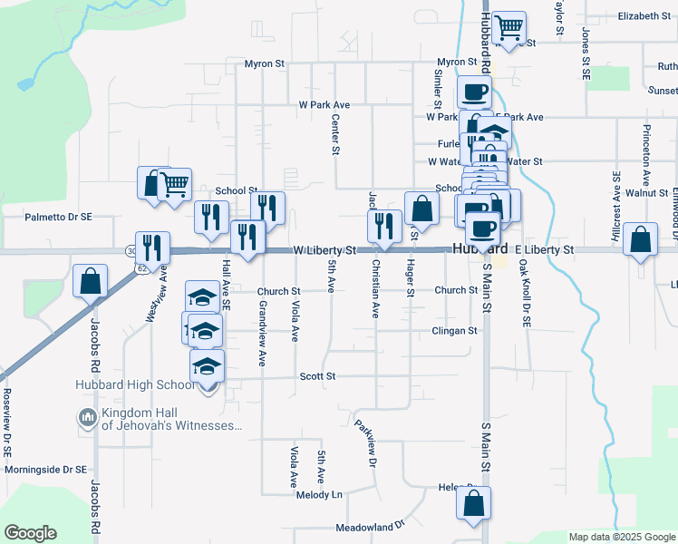 map of restaurants, bars, coffee shops, grocery stores, and more near 33 5th Avenue in Hubbard