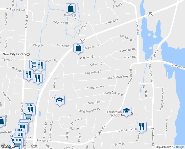 map of restaurants, bars, coffee shops, grocery stores, and more near 22 King Arthur Court in New City