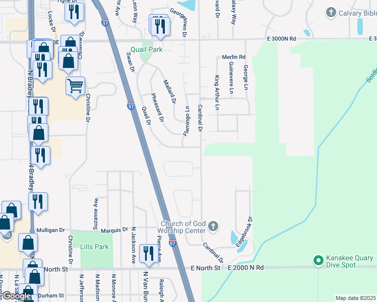 map of restaurants, bars, coffee shops, grocery stores, and more near 807 Quail Drive in Bradley