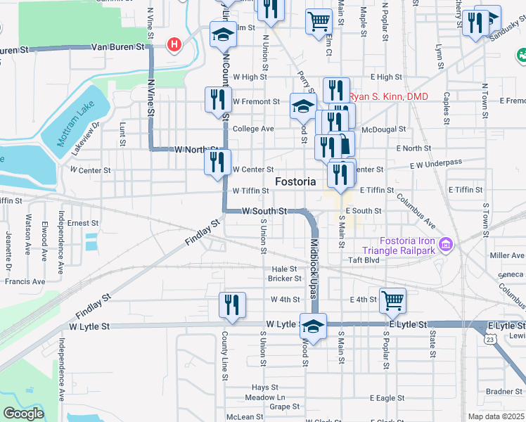 map of restaurants, bars, coffee shops, grocery stores, and more near 301 West South Street in Fostoria