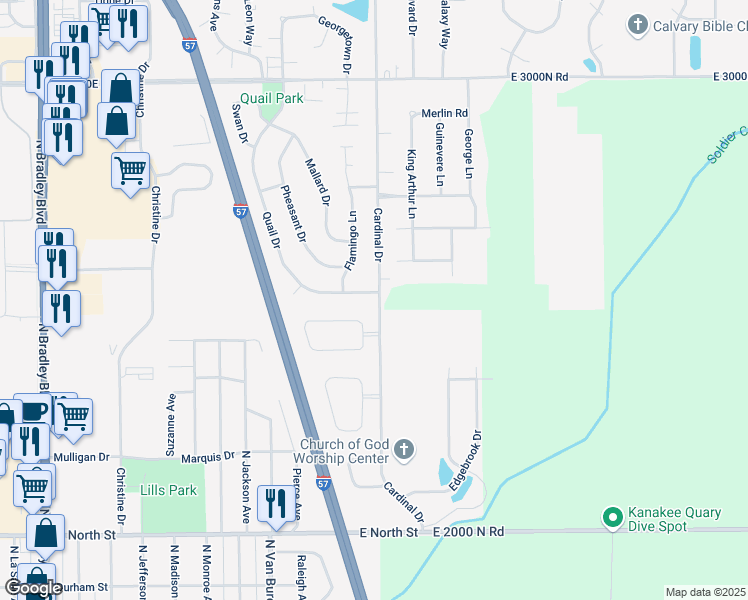 map of restaurants, bars, coffee shops, grocery stores, and more near 807 Quail Drive in Bradley