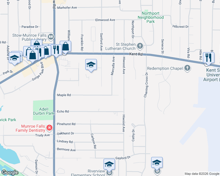 map of restaurants, bars, coffee shops, grocery stores, and more near 3388 Marcella Avenue in Stow
