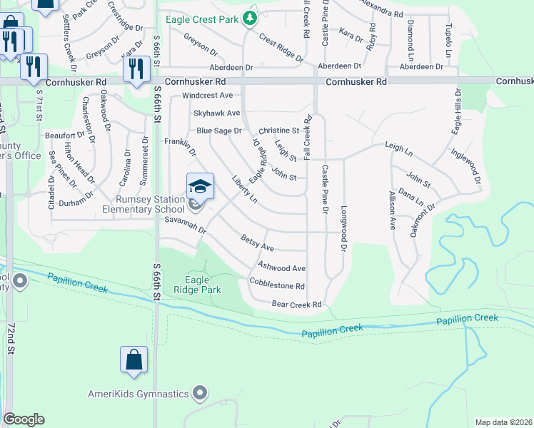 map of restaurants, bars, coffee shops, grocery stores, and more near 2115 Liberty Lane in Papillion