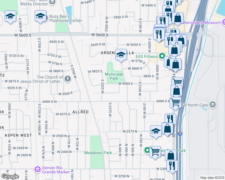 map of restaurants, bars, coffee shops, grocery stores, and more near 2270 West 5950 South in Roy