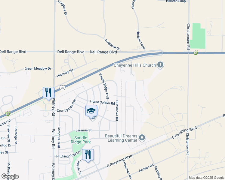 map of restaurants, bars, coffee shops, grocery stores, and more near 6967 Wild Bill Court in Cheyenne