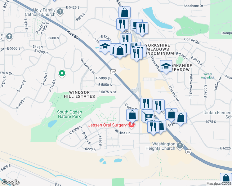map of restaurants, bars, coffee shops, grocery stores, and more near 1409 East 5875 South Street in South Ogden