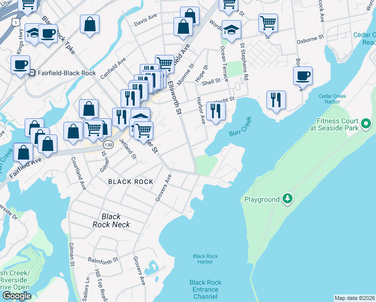map of restaurants, bars, coffee shops, grocery stores, and more near 100 Ellsworth Street in Bridgeport