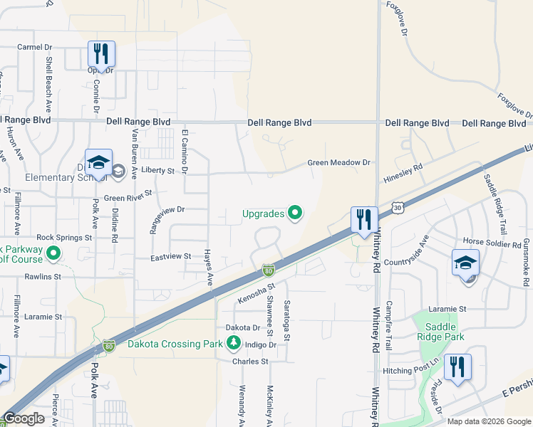 map of restaurants, bars, coffee shops, grocery stores, and more near 5825 Stonewood Drive in Cheyenne