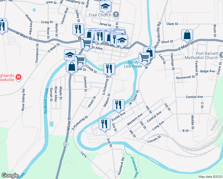 map of restaurants, bars, coffee shops, grocery stores, and more near 50 Mabon Street in Brookville