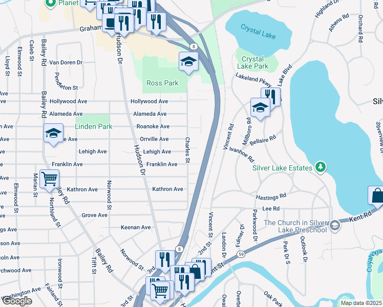 map of restaurants, bars, coffee shops, grocery stores, and more near 3129 Charles Street in Cuyahoga Falls