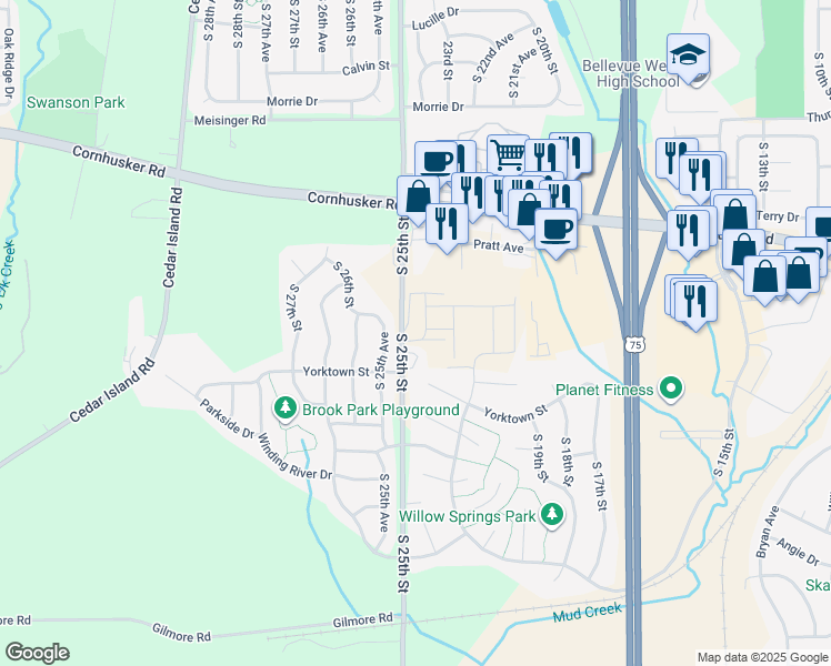 map of restaurants, bars, coffee shops, grocery stores, and more near 10605 South 25th Avenue in Bellevue