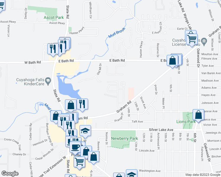 map of restaurants, bars, coffee shops, grocery stores, and more near 3350 Prange Drive in Cuyahoga Falls