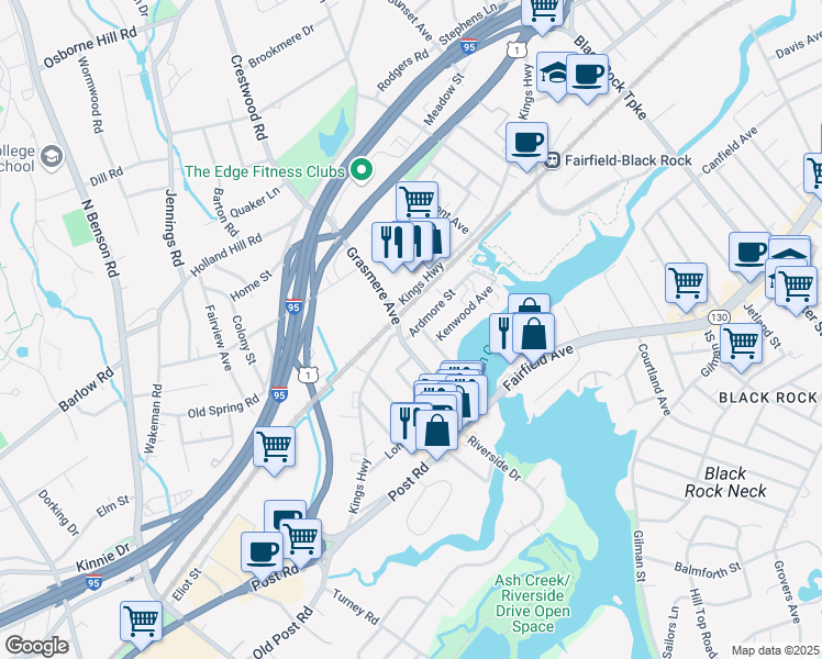 map of restaurants, bars, coffee shops, grocery stores, and more near 25 Ardmore Street in Fairfield