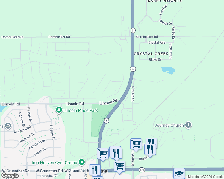 map of restaurants, bars, coffee shops, grocery stores, and more near 20511 Murifield Circle in Gretna