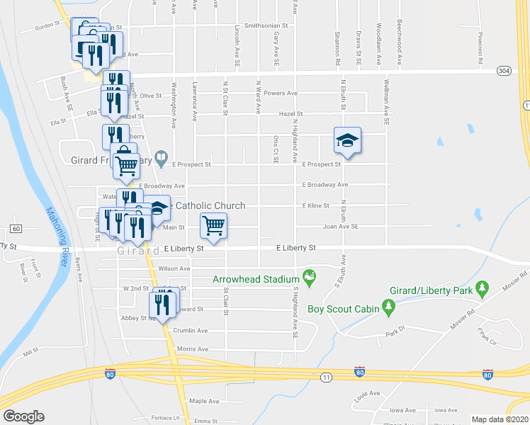 map of restaurants, bars, coffee shops, grocery stores, and more near 401 East Kline Street in Girard