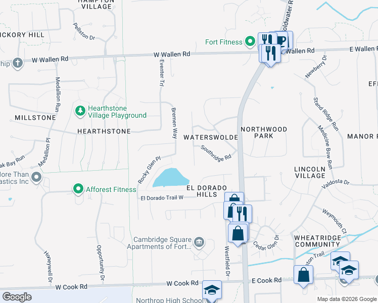 map of restaurants, bars, coffee shops, grocery stores, and more near 8227 Westridge Road in Fort Wayne