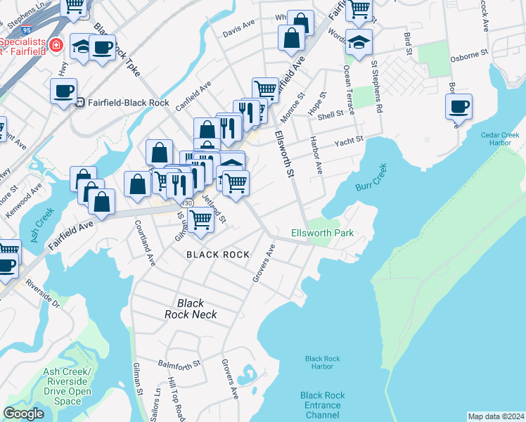 map of restaurants, bars, coffee shops, grocery stores, and more near 454 Brewster Street in Bridgeport
