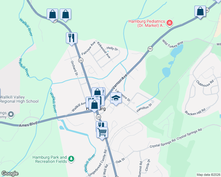 map of restaurants, bars, coffee shops, grocery stores, and more near 39 Vernon Avenue in Hamburg