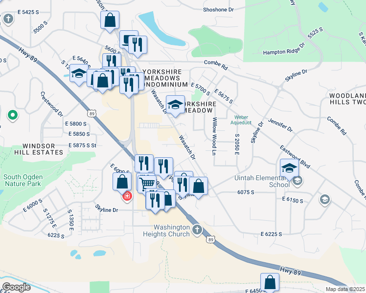 map of restaurants, bars, coffee shops, grocery stores, and more near 5865 Wasatch Drive in South Ogden