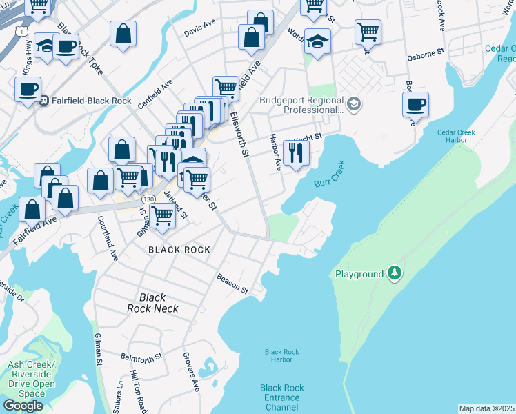 map of restaurants, bars, coffee shops, grocery stores, and more near 100 Ellsworth Street in Bridgeport