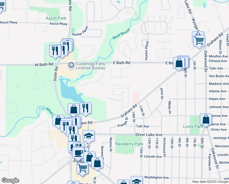 map of restaurants, bars, coffee shops, grocery stores, and more near 3350 Prange Drive in Cuyahoga Falls
