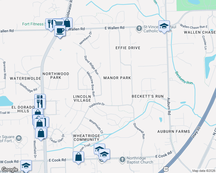 map of restaurants, bars, coffee shops, grocery stores, and more near 8132 Manor Drive in Fort Wayne