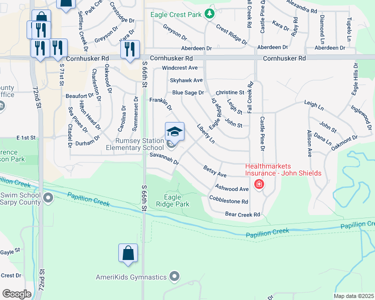 map of restaurants, bars, coffee shops, grocery stores, and more near 110 Eagle Ridge Drive in Papillion